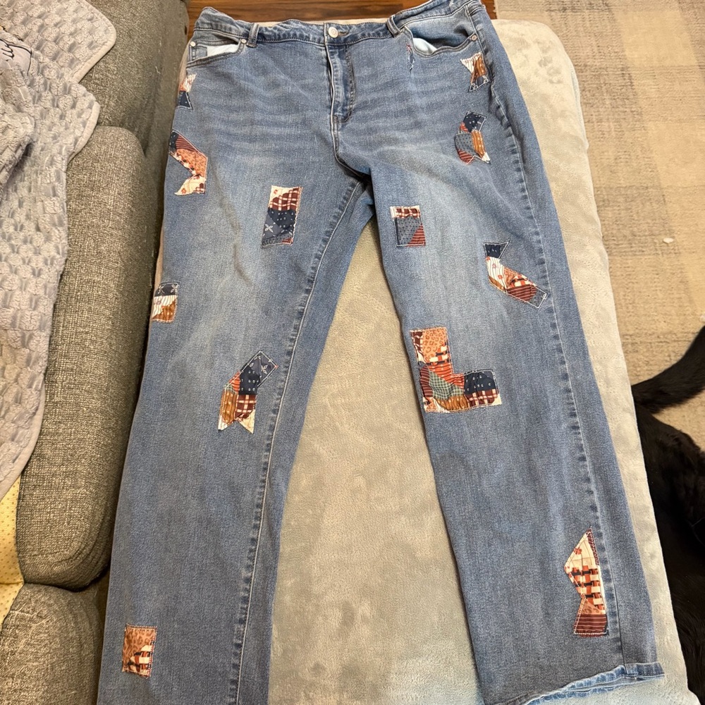Women’s Patchwork Jeans Size 16 Blue‎ Denim Straight Leg Boho Cottagecore